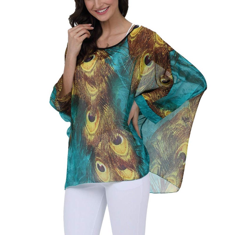 Ckikiou Plus Size Batwing Flowy Semi Sheer Chiffon Blouse Tunic for Women Summer Floral Print Boho Beach Cover ups - Image 4